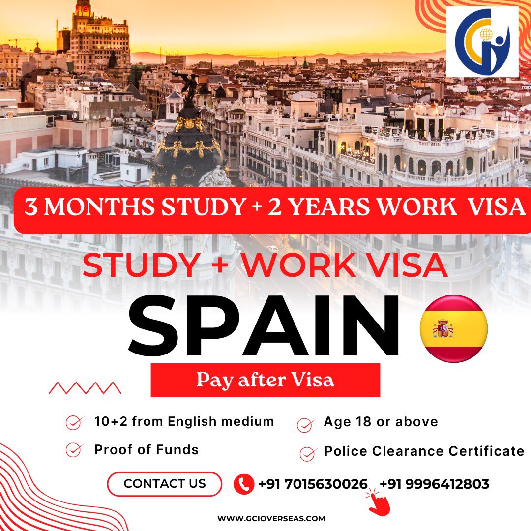 'Spain beckons! 🇪🇸 Explore study & work visa options with a 3-4 month program, plus a 2-year work permit. Tuition fees deferred until after visa approval. Seize the opportunity now! #SpainStudyWorkVisa #OpportunityAwaits'🇪🇸🇪🇸🇪🇸

For more information reach out to us ✌️✌️