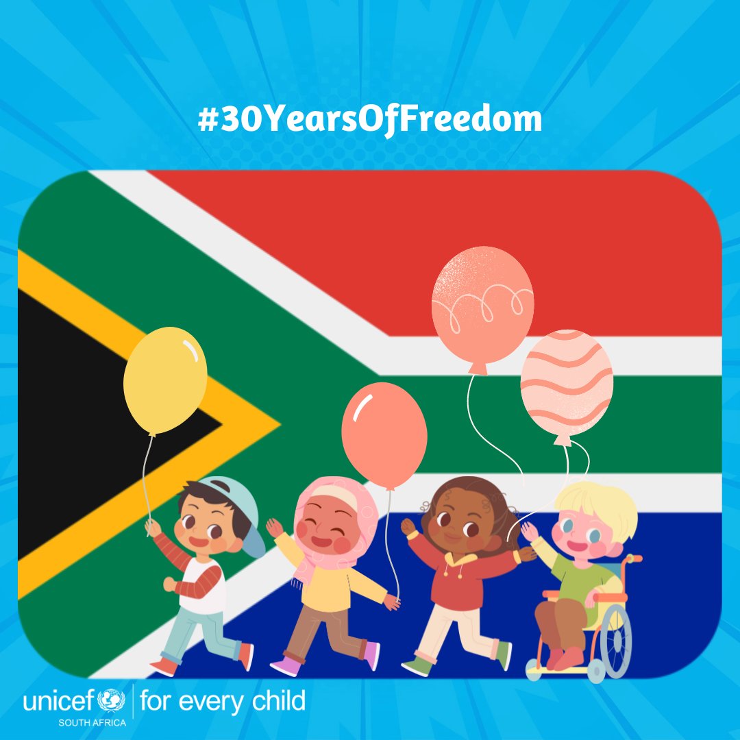Happy #FreedomDay, South Africa🇿🇦. Together with all partners, including children & young people at the centre, we must continue to build a safer, fairer, & better South Africa #ForEveryChild💙. Here’s to many more years of enjoying our hard-won freedoms✊. #Freedom30