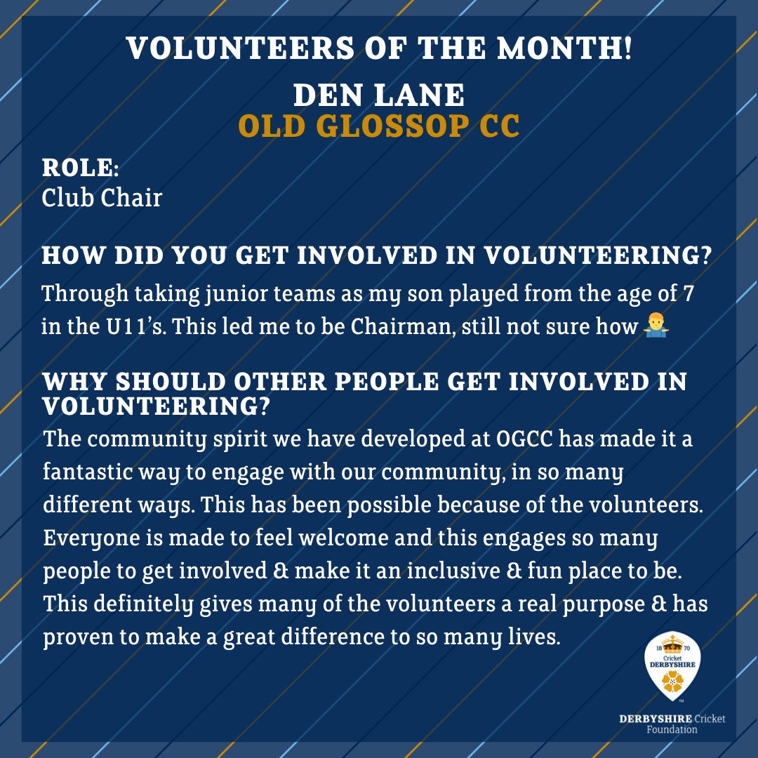 Our Grassroots Volunteers of the Month are back! Next up we have Den Lane from @OldGlossopCC. He got involved through helping with the juniors and is now Club Chair🏏 Good Work Den👏