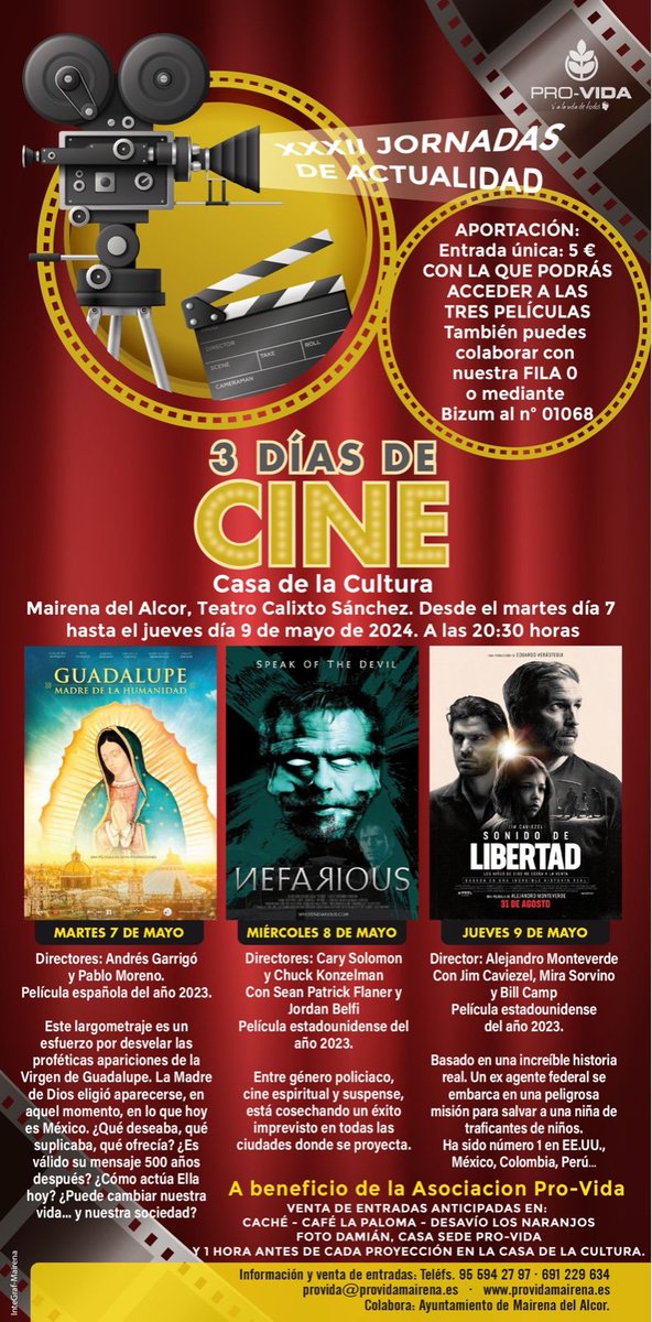 La Asociación @providamairena celebra un año más sus ‘3 Días de Cine’. 🗓️ 7-9 Mayo 📍 Teatro Calixto Sánchez (Mairena del Alcor) 📲 archisevilla.org/pro-vida-maire…
