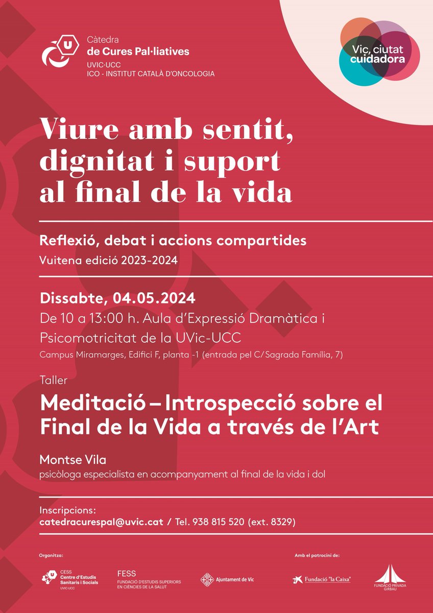 ➡️Vic, ciutat cuidadora. Taller: Meditació – Introspecció sobre el Final de la Vida a través de l’Art 📅04 de maig 🕙10:00 - 13:00 ➕informació: udivulga.uvic.cat/agenda/vic-ciu…