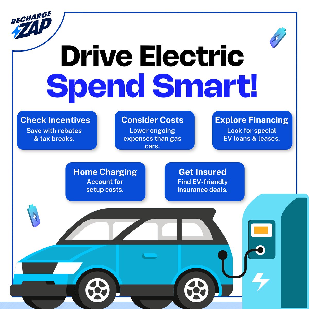 Ready to go electric? Plan smart with EV-specific incentives, lower running costs, and the right financing. Drive green without breaking the bank! #ElectricVehicles #SmartFinance #rechargezap