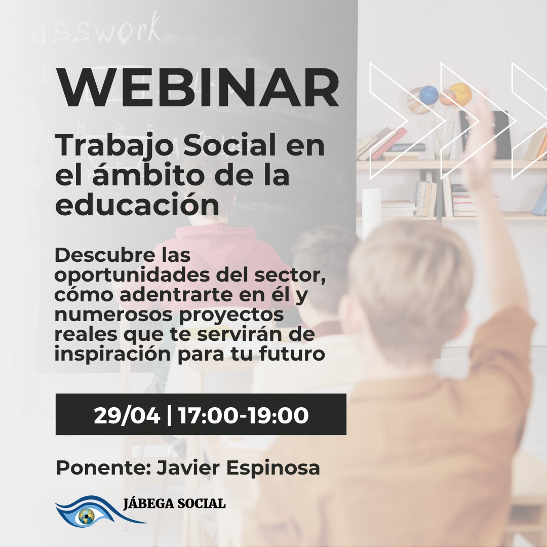 ¿Quieres conocer todas las oportunidades que te abre el Trabajo Social en el ámbito de la educación? No puedes perderte este webinar en directo. Sólo 25 plazas y ya tenemos las primeras ocupadas. formacion.jabegasocial.com/webinar-trabaj…