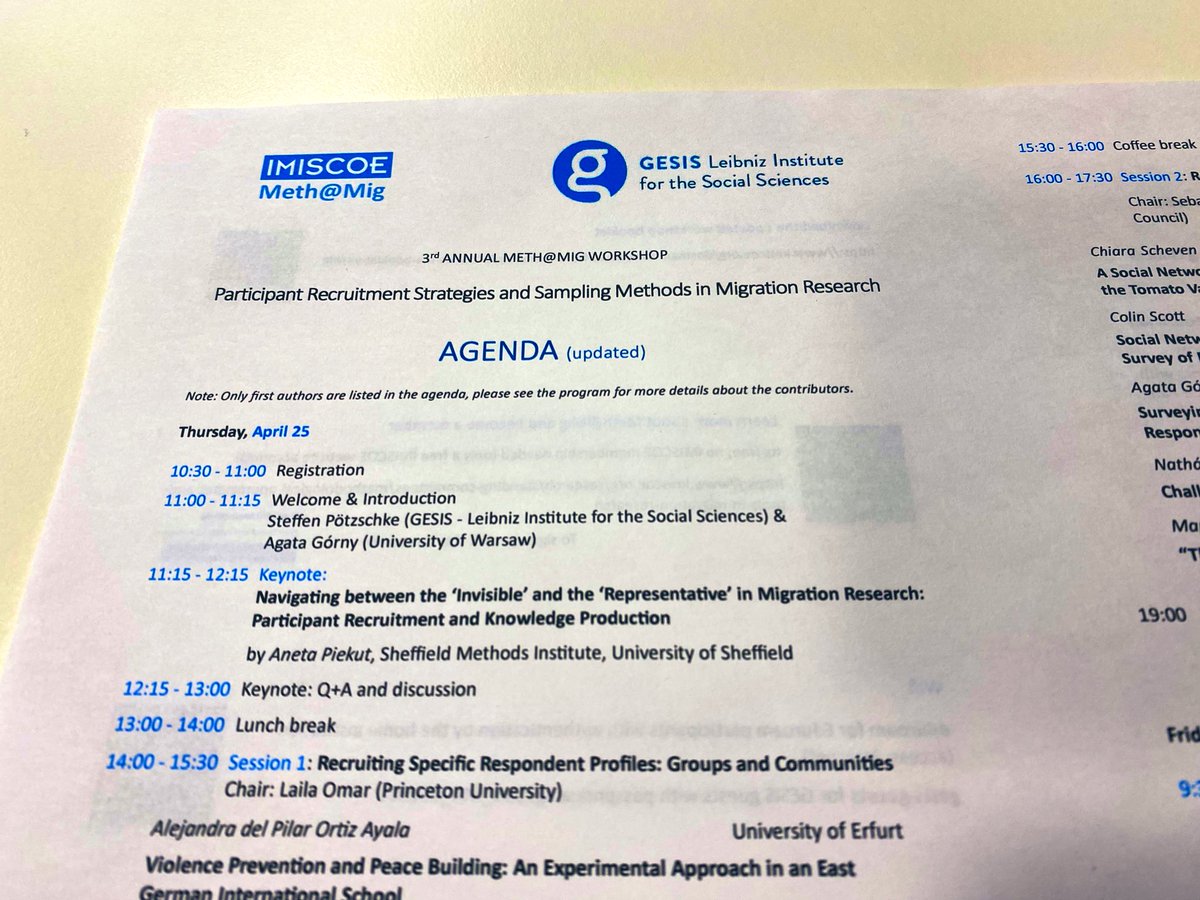 Lydia Repke (@lydrep) on Twitter photo Super exciting program at the 3rd Annual <a href="/METHatMIG/">Methods in Migration Research (Meth@Mig - IMISCOE)</a> Workshop organized by <a href="/stpoetzschke/">Steffen Pötzschke</a> and Agata Górny in Mannheim <a href="/gesis_org/">GESIS @gesisorg.bsky.social</a>.
⭐️ Participant Recruitment Strategies and Sampling Methods in Migration Research ⭐️ Super exciting program at the 3rd Annual <a href="/METHatMIG/">Methods in Migration Research (Meth@Mig - IMISCOE)</a> Workshop organized by <a href="/stpoetzschke/">Steffen Pötzschke</a> and Agata Górny in Mannheim <a href="/gesis_org/">GESIS @gesisorg.bsky.social</a>.
⭐️ Participant Recruitment Strategies and Sampling Methods in Migration Research ⭐️