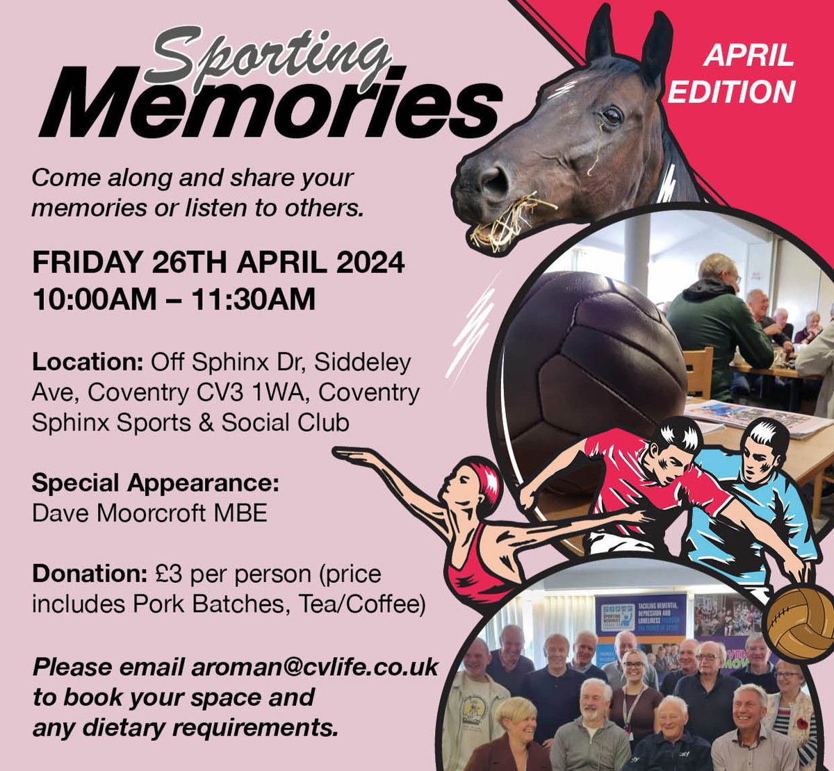 📢 LAST CALL: JOIN US TOMORROW FOR OUR NEXT SPORTING MEMORIES SESSION ⚽ Please bring along your cherished memorabilia and share your stories with us! 🏆✨ Email Andrei at aroman@cvlife.co.uk to secure your spot. (Please include any dietary requirements.)