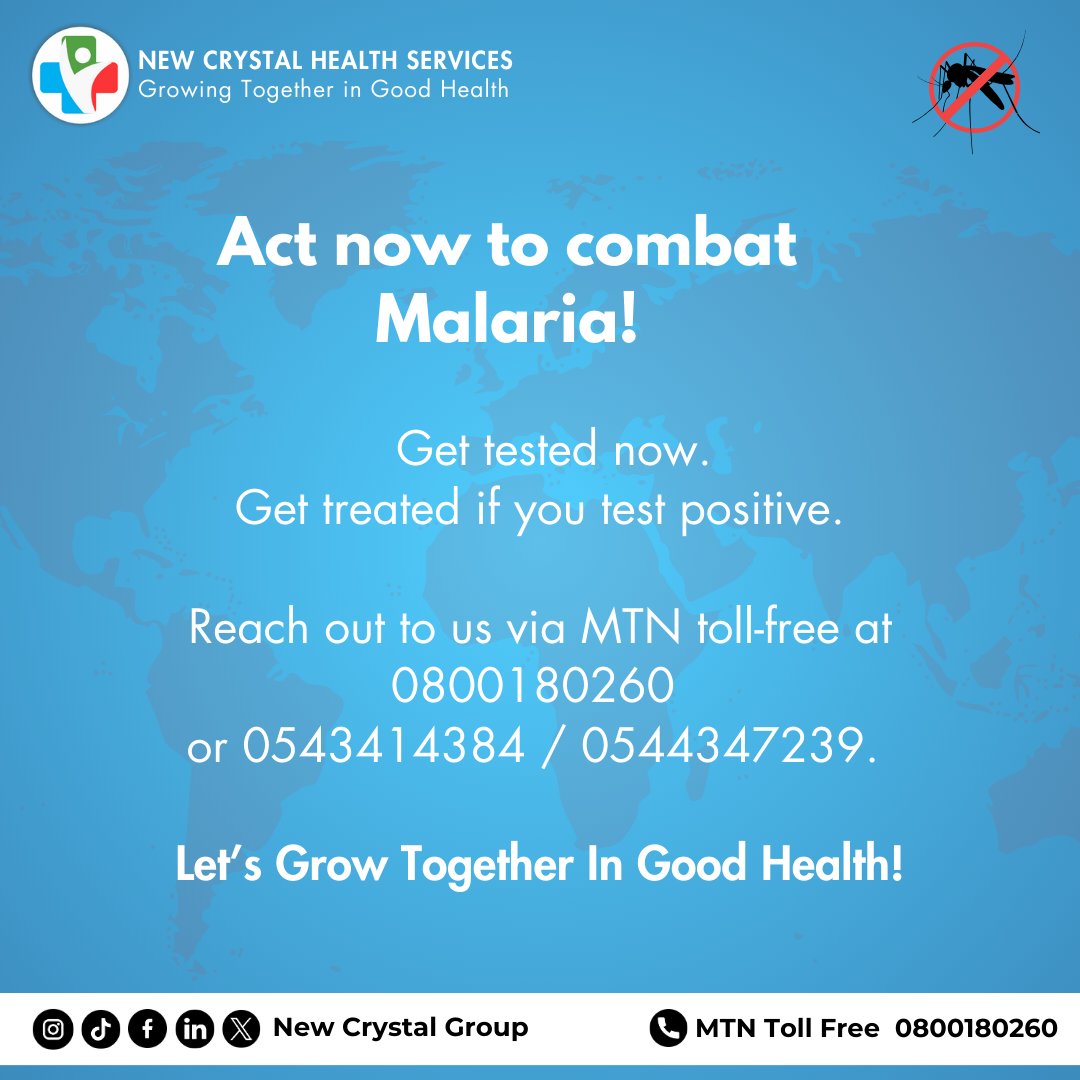 Today is World Malaria Day! 
Join New Crystal Hospital in raising awareness. 

- Get tested now.
- Get treated if you test positive.

Reach out to us via MTN toll-free at 0800180260 

#WorldMalariaDay #EndMalaria #ZeroMalariaStartsWithMe #newcrystalhospital