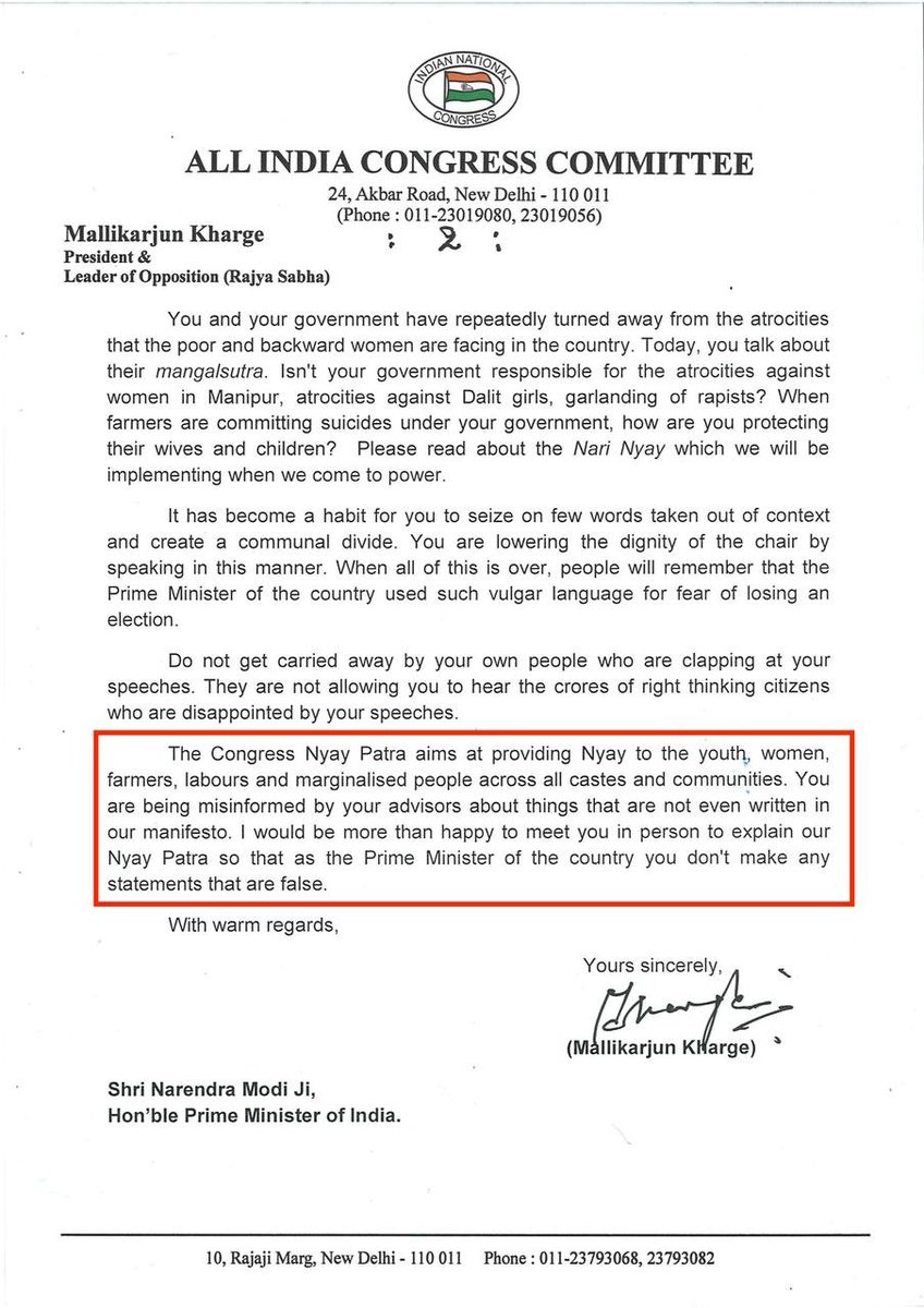 'The Congress Nyay Patra aims at providing Nyay to the youth, women, farmers, labours and marginalised people across all castes and communities. You are being misinformed by your advisors about things that are not even written in our manifesto. I would be more than happy to meet…