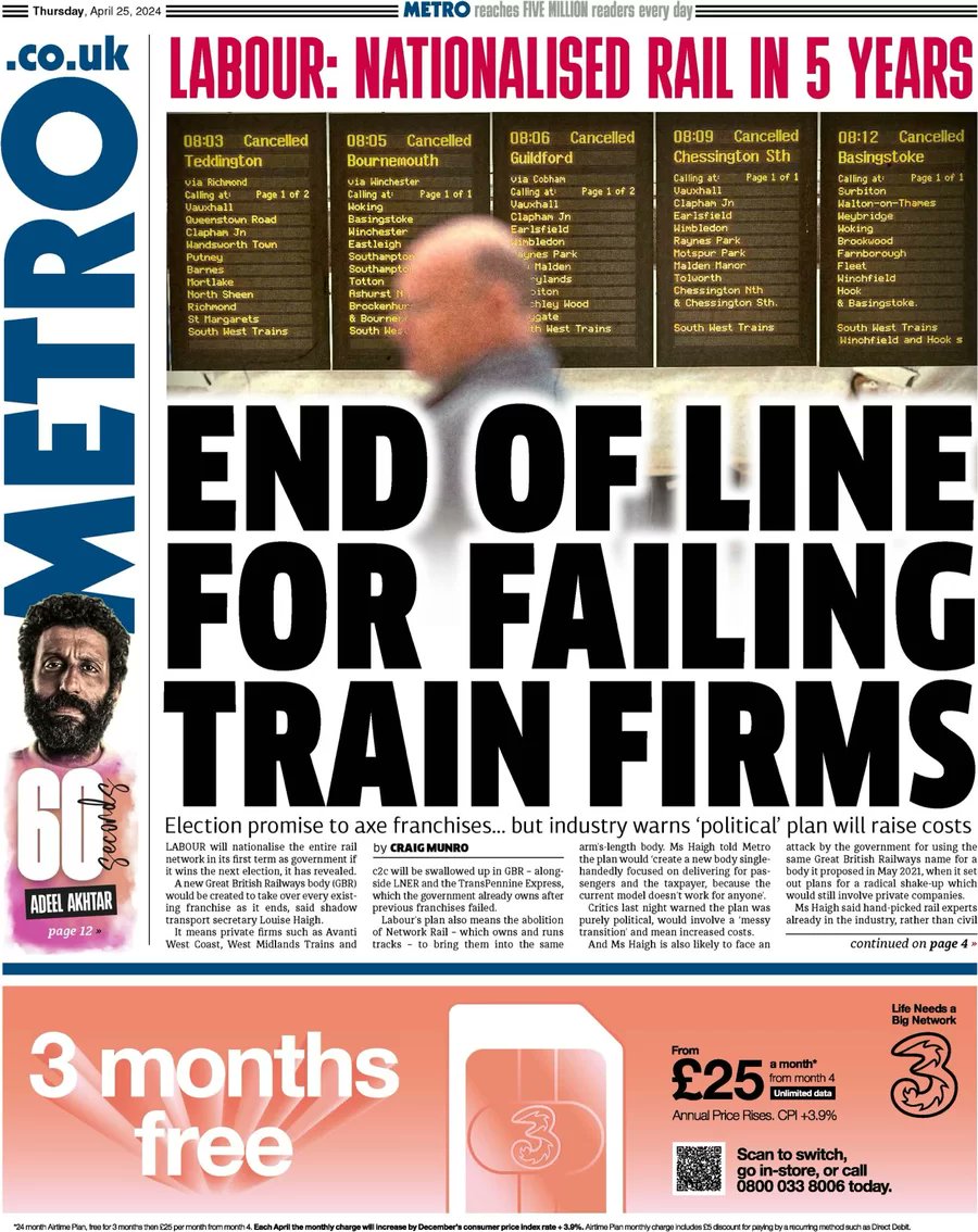 Metro - End of the line for failing train firms

#News_Briefing #The_Metro #UK_Papers 

wtxnews.com/end-of-the-lin…