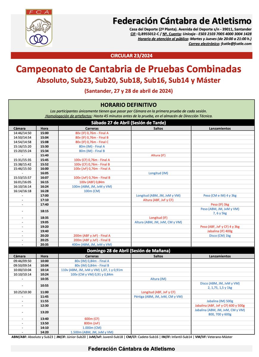 ➡ Atletas inscritos (DEFINITIVO) Campeonato de Cantabria de Pruebas Combinadas (Santander, 27 y 28 de abril de 2024) fcatle.com/wp-content/upl… * Horario (DEFINITIVO): fcatle.com/wp-content/upl… * Más información: fcatle.com/evento/27y2804…