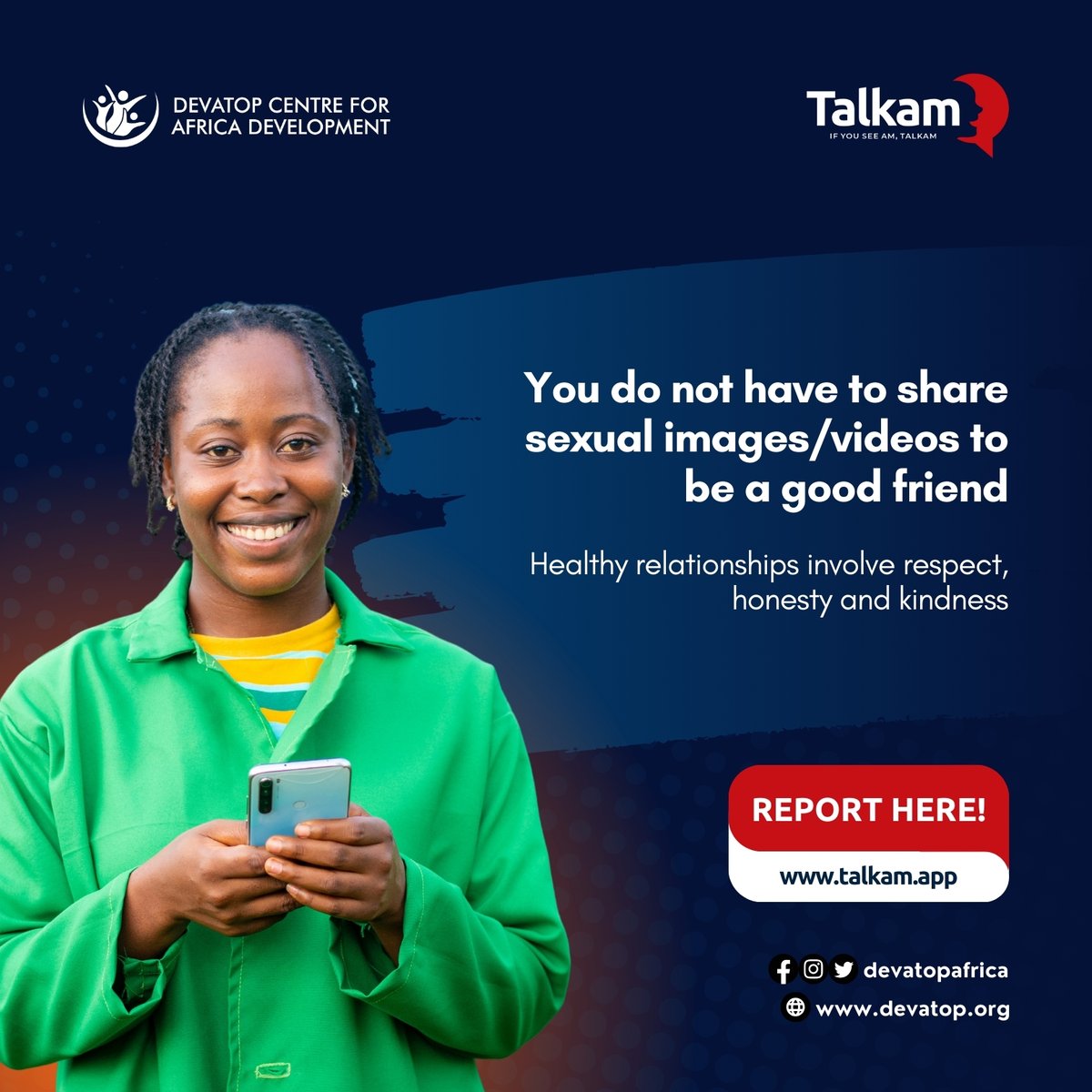 talkamm's tweet image. You do not have to share sexual images/videos to be a good friend. Healthy relationships involve respect, honesty and kindness.

#Talkam #RedCard2Sextortion