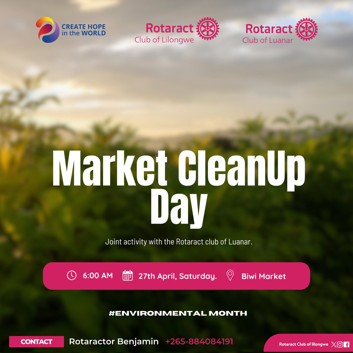 Join us this Saturday, April 27th, at 6 AM, as the Rotaract Clubs of Lilongwe and Launar CTC unite for a joint market cleanup at Biwi Market in Area 36! Let's make a difference together!!!

#EnvironmetalMonth #CleanUp #CommunityService #Rotaract