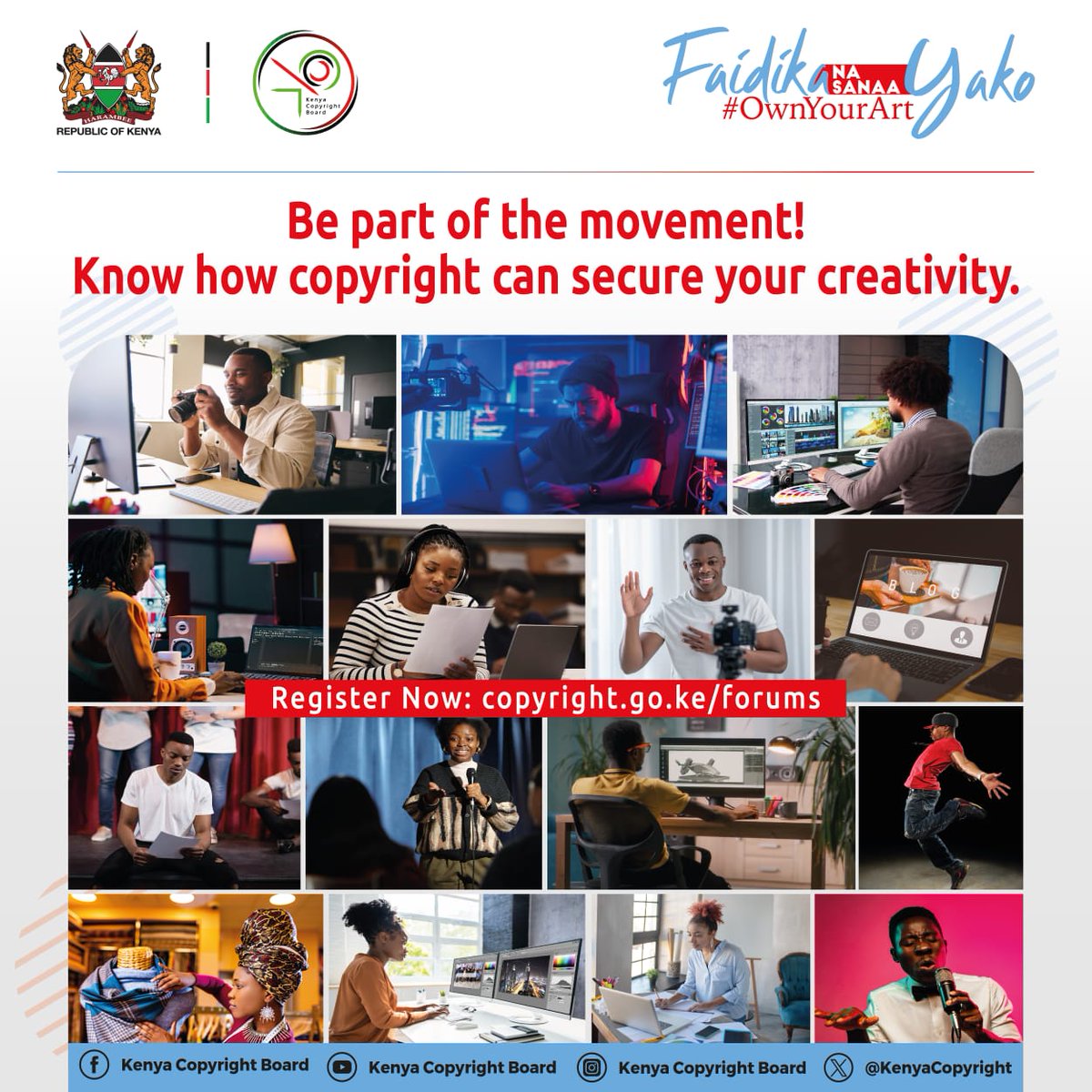 @KenyaCopyright will be holding a training and awareness creation on copyright and related rights for the creatives sector in Nyeri, Embu, Isiolo, Machakos, Kakamega, Kisumu, Mombasa & Kericho. Register here to book your space> copyright.go.ke/forums/ #OwnYourArt