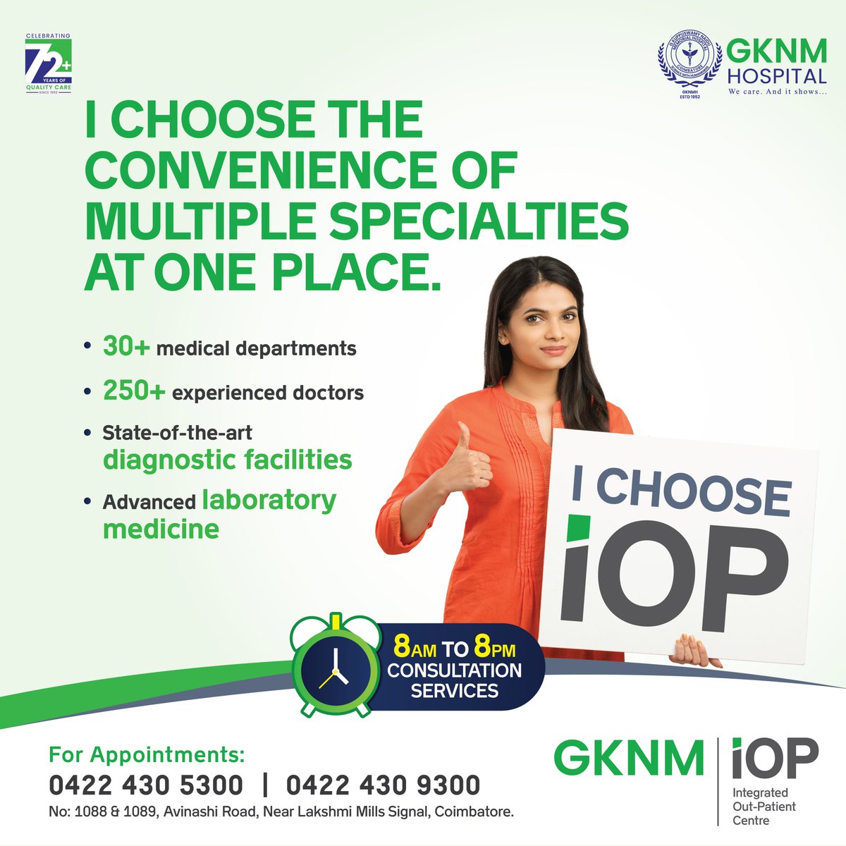 Convenience of multi specialties all under one roof! With 250 + leading medical professionals, 30 + medical departments, and world-class diagnostic facilities, #GKNMiOP is here to offer you the best and a seamless healthcare journey gknmhospital.org/iop/ , 0422 430 5300 #GKNM