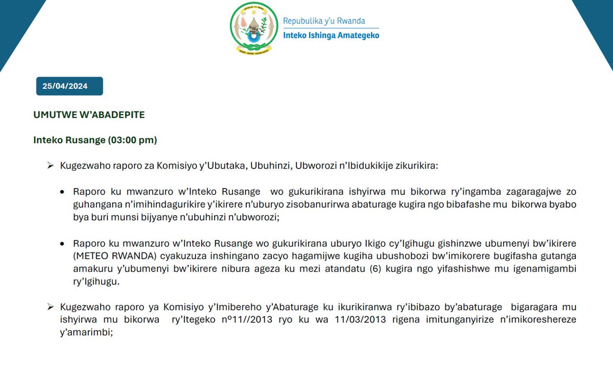 Inteko Rusange y’Umutwe w’Abadepite irasuzuma: ➡️ Raporo za Komisiyo y’Ubutaka, Ubuhinzi, Ubworozi n’Ibidukikije ➡️Raporo ya Komisiyo y’Imibereho y’Abaturage 🕒 3:00pm 📻listen.rba.co.rw/radios/radioin…