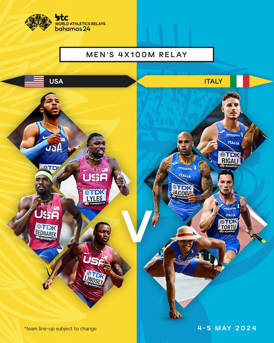 4x100m clash ‼️

Italy is the reigning Olympic champion, whilst the United States won last year's #WorldAthleticsChamps.

Who's taking the crown at the #WorldRelays?