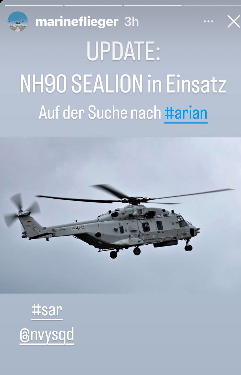 #Marineflieger sind jetzt auch mit dem #SeaLion auf der Suche nach #Arian im Einsatz und hoffen weiter!🙏