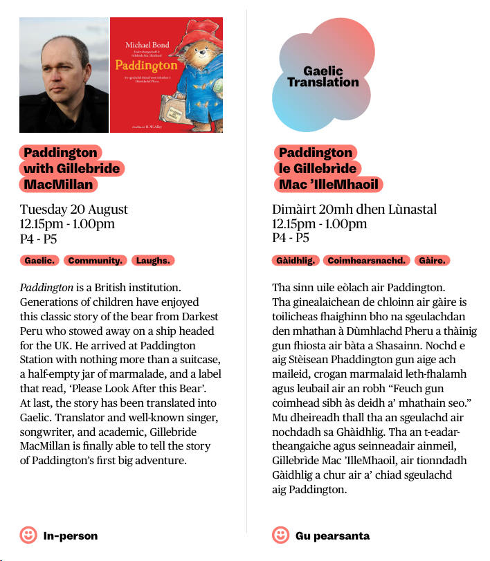 Bookings are now open for @edbookfest #school events and @Gillebride, the author of the #Paddington book in #Gaelic, will be there in #August to to tell the story of Paddington’s first big adventure in #English and in Gaelic... Book early! tinyurl.com/4usn6pvv @LeughLeabhar