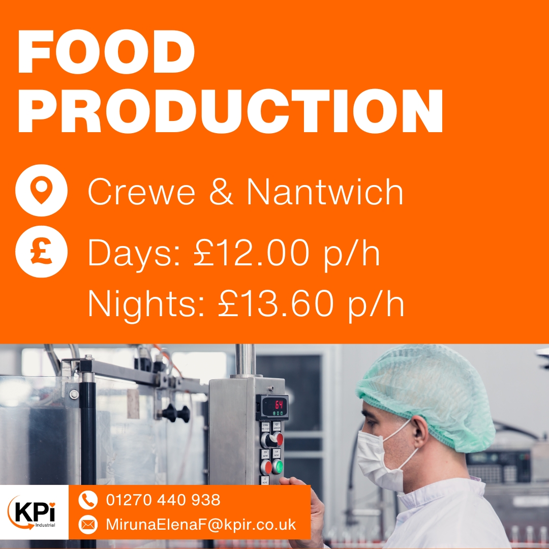 **FOOD PRODUCTION** Crewe & Nantwich. Days & Nights.

Call 01270 440938 or email MirunaElenaF@kpir.co.uk to apply.

Visit bit.ly/KPIindjobs for MORE Industrial jobs!

#FoodProductionJobs #FoodProductionOperative #FactoryJobs #NantwichJobs #CreweJobs #Jobs #KPIRecruiting