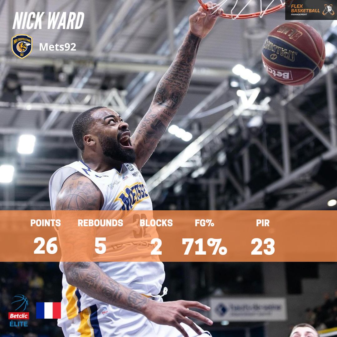 Season high for @Metropolitans92 big man @IamNickWard vs @EuroCup silver medal @JLBourgBasket ! Nick was unstoppable with 26pts in a 10-14 FG 😤🔥