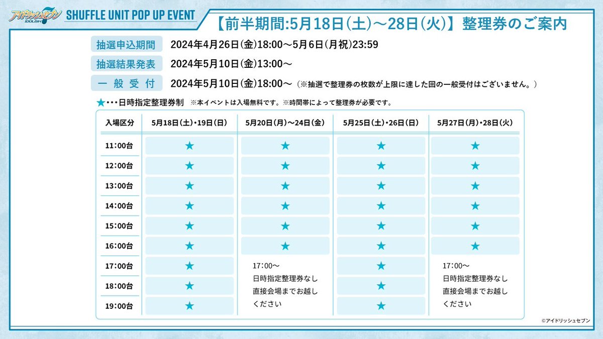 【事前抽選予約開始！】 「アイドリッシュセブン SHUFFLE UNIT POP UP EVENT」 前半期間分(5/18～5/28)の整理券について、事前抽選予約を開始しました。 受付期間：～5/6 23:59 当落発表：5/10 13:00(予定) お申し込みは→eplus.jp/id7-shuffleuni… #アイナナ