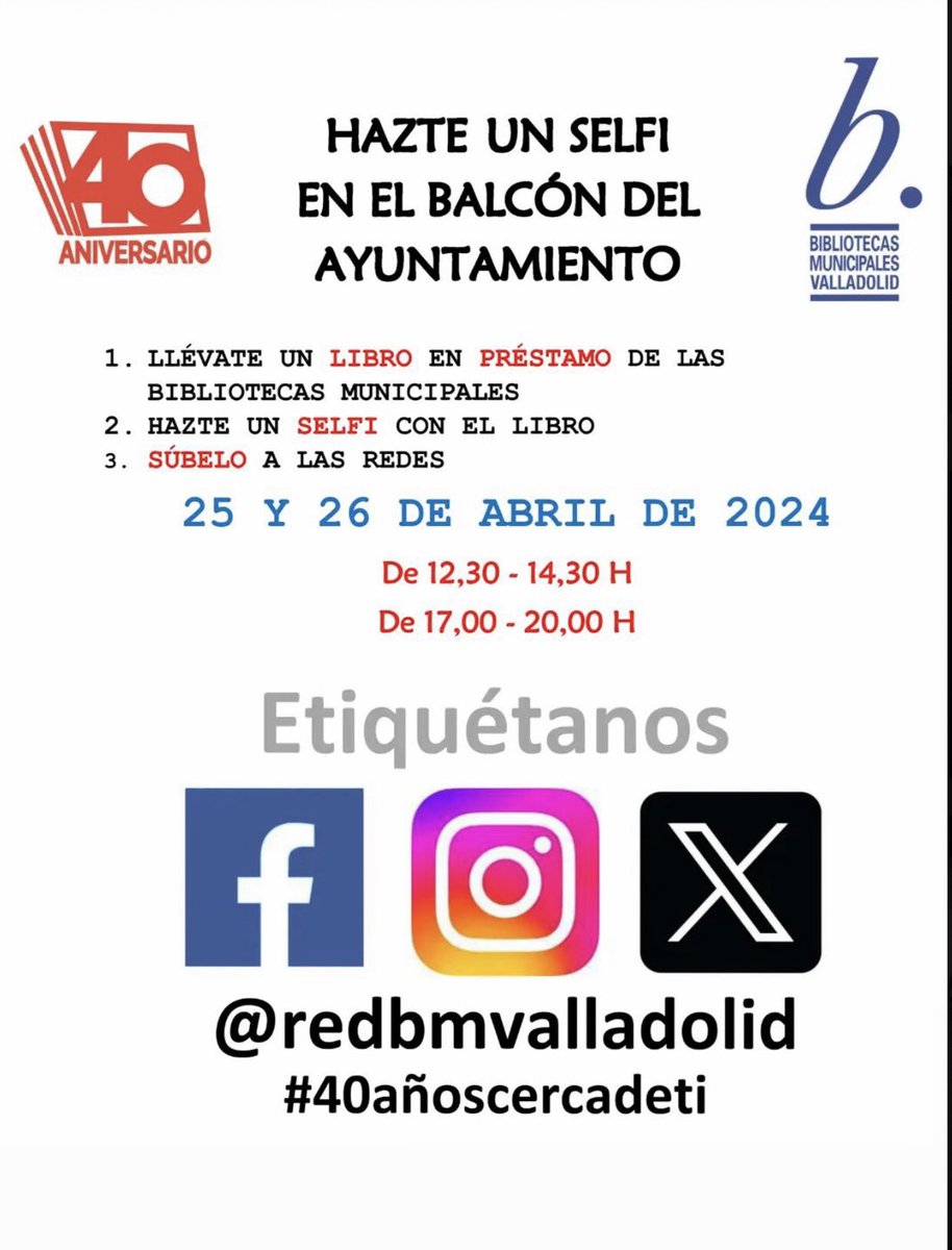 ¡¡Hazte un selfi en el #balcón del #Ayuntamiento!! 

🗓 Jueves 25 y viernes 26 de abril 2024
🕒 De 12:30 a 14:30h y de 17:00 a 20:00h

#40añoscercadeti #selfienelbalcón #balcónAyuntamiento #redbmvalladolid