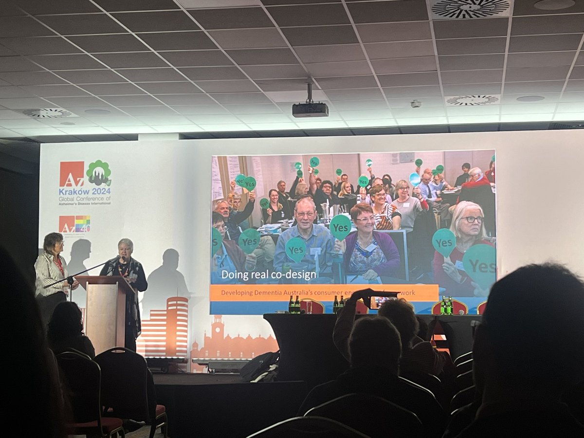 Sally Lambourne and @bobby_redman presenting at @AlzDisInt #adi2024 about the genuine involvement of people with a living experience of dementia at @DementiaAus 🙌“Co-design is not about coming to co-designers with a plan- it’s about getting to the goal together” - Bobby 🙌