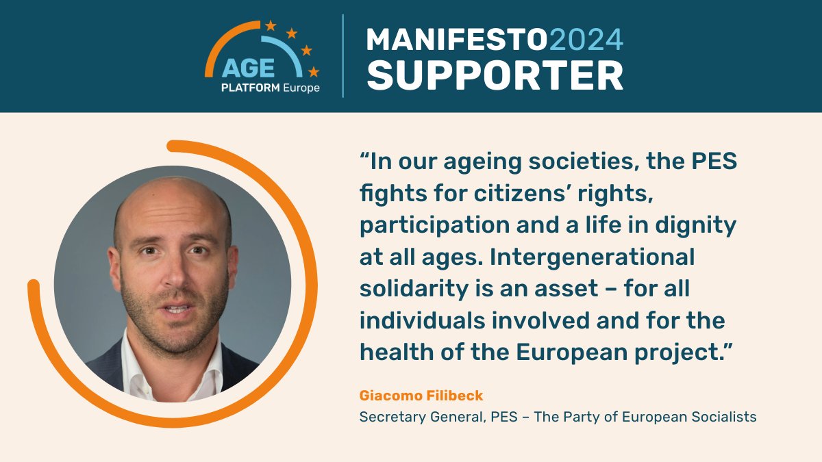 🖋️✅Meet #AGEManifesto2024 supporters! @giacomofilibeck, Secretary General @PES_PSE, endorses the AGE Manifesto, highlighting the importance of #IntergenerationalSolidarity in creating a Europe for all ages. 👉Other supporters: bit.ly/AGEManifesto20… #euelections2024 #EU2024