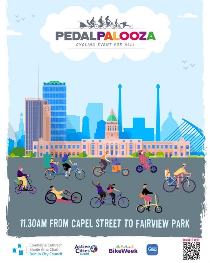 #Pedalpalooza is back: #Fairview Park Sun 12 May, 12 – 4pm. A free family celebration of #cycling.  Live music, cycling demonstrations, cycle parade & more. To register for parade simply scan QR code.  bit.ly/4dfUxig @dubcitycouncil @q102feelgood #cycledublin #bikeweek