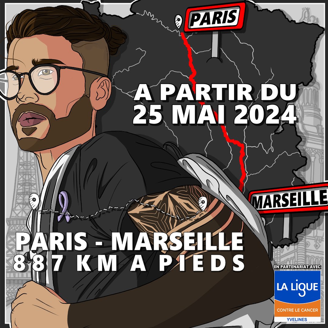 Paris - Marseille à pied 🚶‍♂️au profit de <a href="/laliguecancer/">La Ligue contre le cancer</a> <a href="/LigueComite78/">Ligue contre le cancer des Yvelines 78</a> 🟦 🟧
🏁 Départ 25 Mai ⏱ Durée 30J 🔴 En direct sur <a href="/TwitchFR/">Twitch FR</a> 
Avec le soutien chaleureux de <a href="/TopAchat/">TopAchat #BackToGaming 🔥</a> et <a href="/BandaiNamcoFR/">BANDAI NAMCO FR</a> ❤