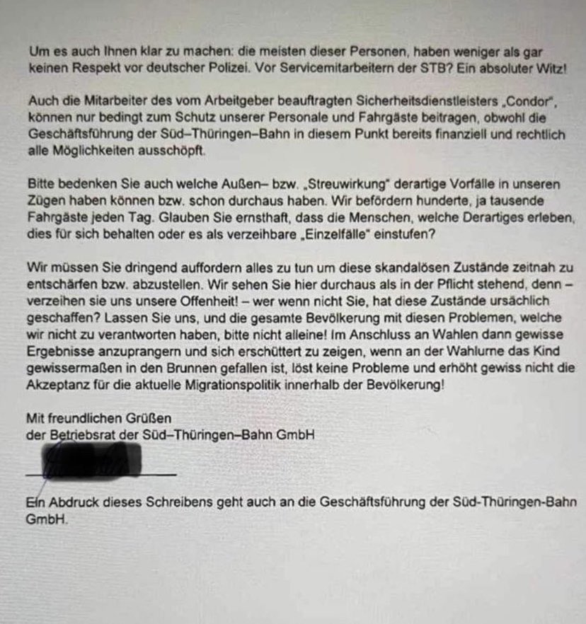 Hilferuf vom Betriebsrat der Süd-Thüringen-Bahn GmbH über die Sicherheitslage im ÖPNV Nahe eines Ankerzentrums für Flüchtlinge. Ein anderer Bahnmitarbeiter hat mir das zugeschickt und meinte, diese Zustände würde man nahezu in allen Regionen nahe solcher Ankerzentren vorfinden.