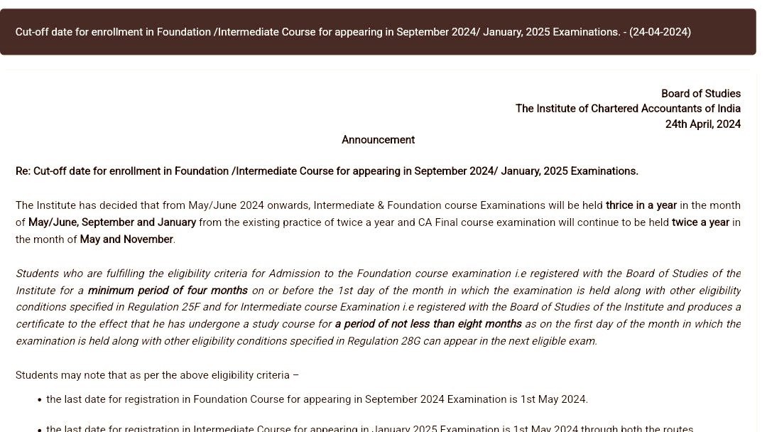 esarthakjain's tweet photo. OFFICIAL ANNOUNCEMENT BY ICAI
Now Inter and Foundation exams will be held 3 times a year.

There will be no attempt in Nov'24 for Inter students https://t.co/9T4jEil4dY
