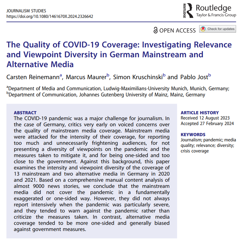 New paper out with Marcus Maurer, @meinungsfuehrer und @pbjost. How did German mainstream and alternative media cover the #COVID19 pandemic 2020-2021? tinyurl.com/ysac4exk Short summary---