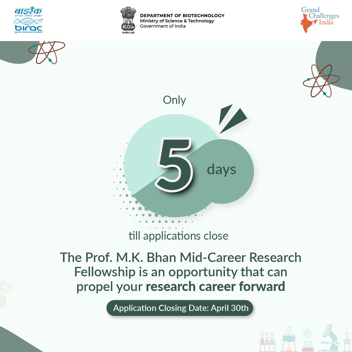 Don't miss out on the opportunity to apply for Prof. M.K. Bhan Mid-Career Research Fellowship in order to advance your research career and make a significant positive impact. Last date to apply: 30th April' 2024 (5:00 pm IST) For more information, visit: birac.nic.in/desc_new.php?i…