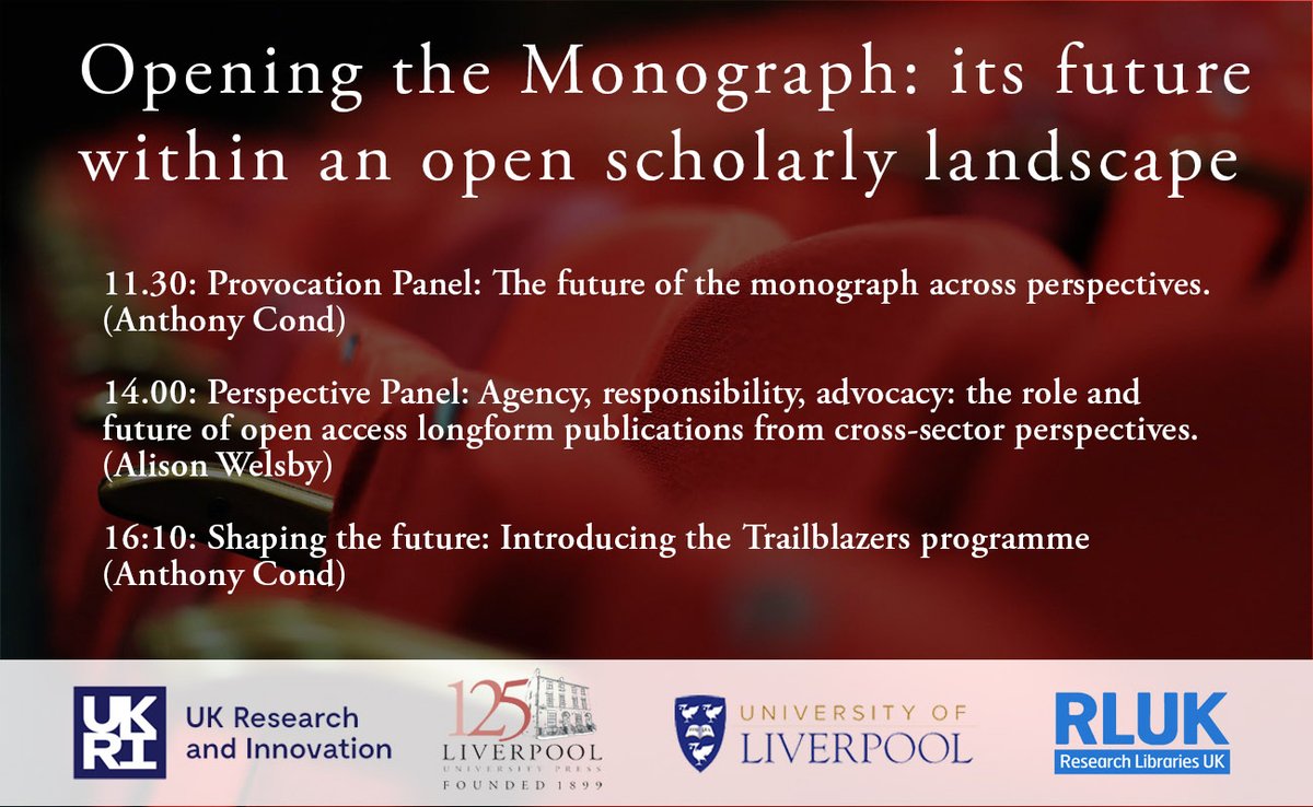 Event: 'Opening the Monograph' is happening tomorrow at @hopestreethtl, with a series of panels featuring LUP's CEO, Anthony Cond and Editorial Director, Alison Welsby alongside @rometostandrews and more @UKRI_News @RL_UK @LivUni @LivUniOpenRes🔓bit.ly/LivUniOTM #LivUniOTM