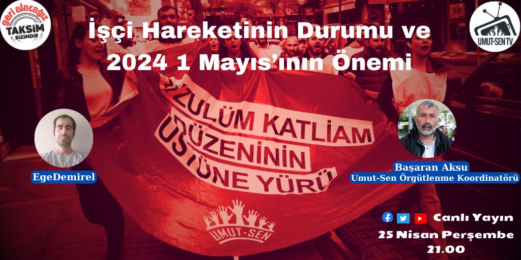 #UmutSenTV #CanlıYayın Bugün saat 21.00'de Umut-Sen Örgütlenme Koordinatörü Başaran Aksu ile işçi hareketinin durumunu ve 2024 1 Mayıs'ının önemini konuşacağız. #1Mayıs #1MayıstaTaksime