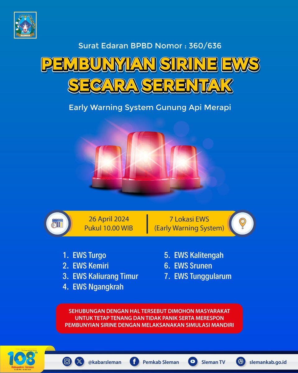 #Slemanis, pada momentum Hari Kesiapsiagaan Bencana (HKB) tanggal 26 April nanti, BPBD Kabupaten Sleman akan melakukan simulasi pembunyian sirine 𝘌𝘢𝘳𝘭𝘺 𝘞𝘢𝘳𝘯𝘪𝘯𝘨 𝘚𝘺𝘴𝘵𝘦𝘮 (EWS) Gunung Api Merapi secara serentak di 7 titik.