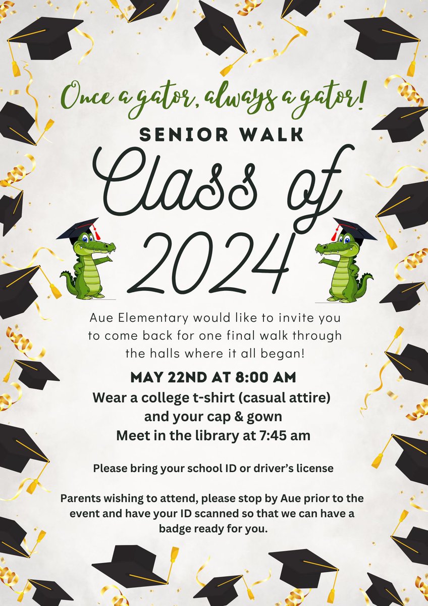 Aue Elementary (@nisdaue) on Twitter photo Calling all Aue Gator Seniors! Please join us for our annual Senior Walk on May 22nd at 8:00 AM! We cannot wait to honor you! ๐๐๐๐<a href="/SilberschlagU/">Ursula Silberschlag</a> <a href="/KimberlyTwedt/">Kimberly Twedt</a> <a href="/NISDBrandeis/">Brandeis High School</a> <a href="/NISDClark/">Tom C. Clark HS</a> <a href="/NISDOConnorHS/">O'Connor High School</a> Calling all Aue Gator Seniors! Please join us for our annual Senior Walk on May 22nd at 8:00 AM! We cannot wait to honor you! ๐๐๐๐<a href="/SilberschlagU/">Ursula Silberschlag</a> <a href="/KimberlyTwedt/">Kimberly Twedt</a> <a href="/NISDBrandeis/">Brandeis High School</a> <a href="/NISDClark/">Tom C. Clark HS</a> <a href="/NISDOConnorHS/">O'Connor High School</a>