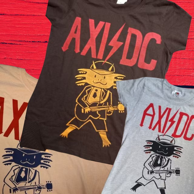 For those about to rock, we salute you! A fabulous handprinted T-shirt for fans of axolotls, rockmusic or AC/DC. Sure to put a smile on your face! :-) axelinaproductions.etsy.com #acdc #axolotl #elevenseshour  #hardrock #heavymetalmusic #quirky #quirkyfashion #ukmakers #angusyoung