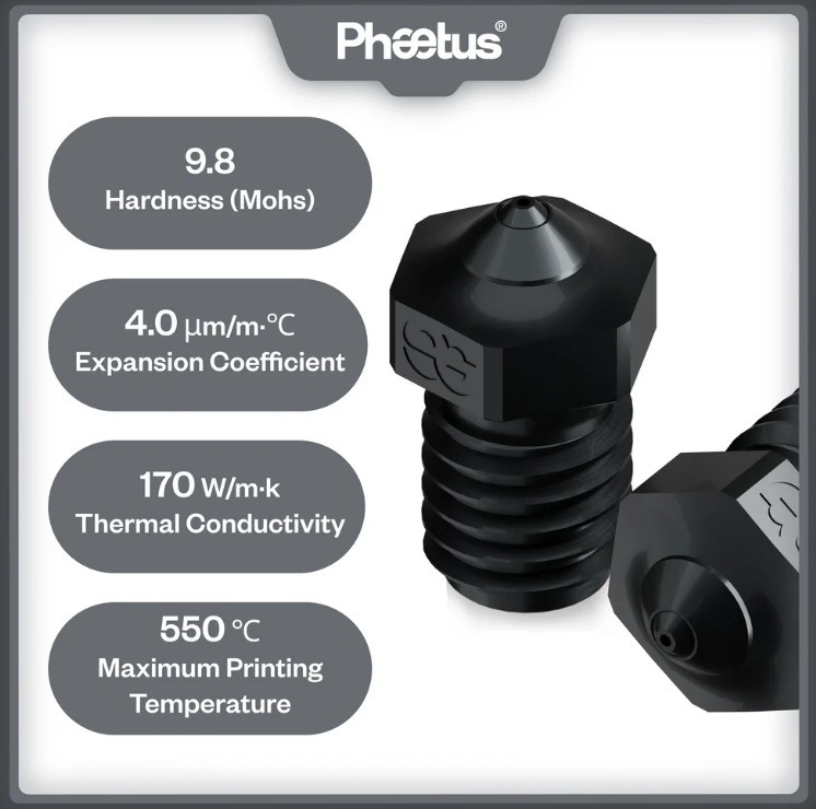 phaetus3D's tweet photo. With high wear resistance and high printing temperature, the Silicon Carbide nozzle can print most filaments, from normal PLA to PEEK, even to carbon Fiber reinforced filaments.😎
#PhaetusSpringRelease #BornforFiber #Nozzle https://t.co/CSdeqdxR7s