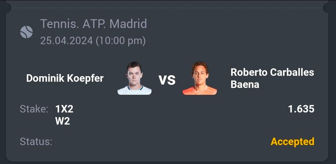Tennis - ATP Madrid Open 🎾 Roberto Carballes Baena ML 🔖 1.63 💵 10 Units #GamblingTwitter #SportsBetting #TeamParieur #SportsPicks #Betting #FreePicks #SportsBettor #Tennis #ATP #TENIS #TennisPicks #ATPtour #ATP1000 #ATP24 #Madrid #Spain #MMOPEN #MutuaMadridOpen Like + RT