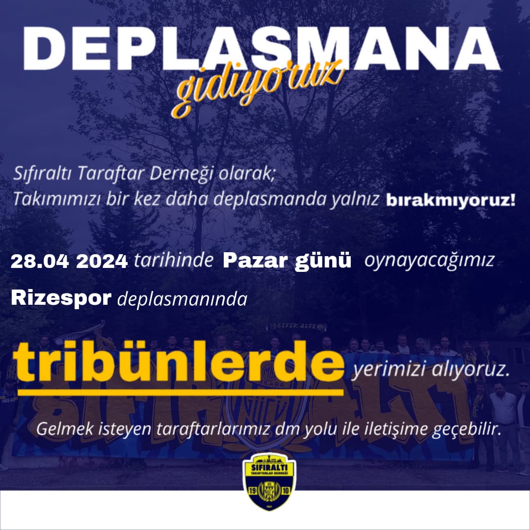 Rize Deplasmanına Gidiyoruz ! 

Organizasyonumuza katılmak isteyenlerin isim yazdırması zorunludur.  

İletişim için : DM📨
#Ankaragücü #SıfırAltı #Deplasman