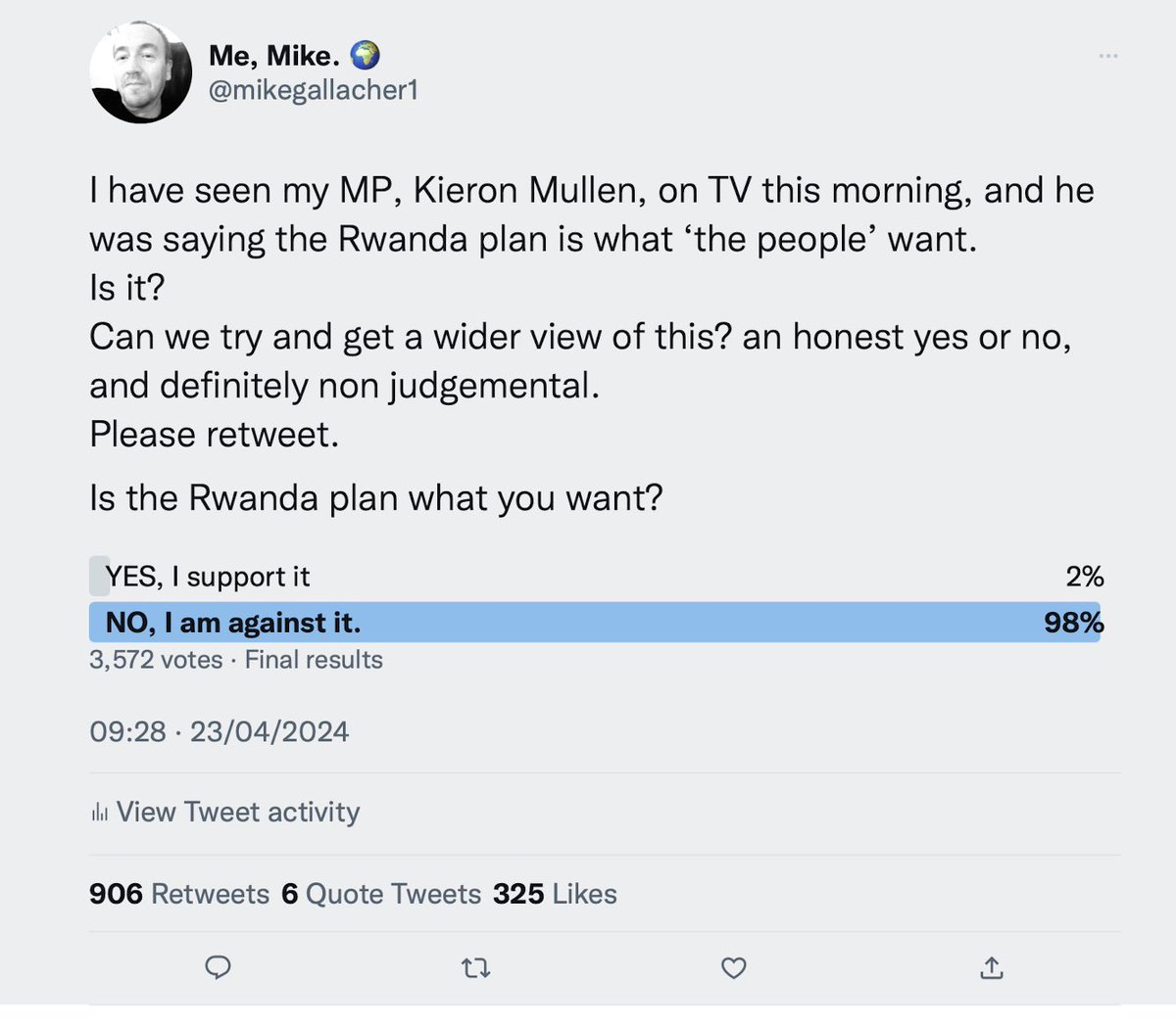The final results of my poll are in. 3572 voted, and 98% are against the plan. I know that my twitter is an echo chamber of like minded folk, but this poll was retweeted 906 times, I thought the ‘for’ vote would be higher. Thank you all, seems Dr Mullan was wrong.@KieranMullanUK