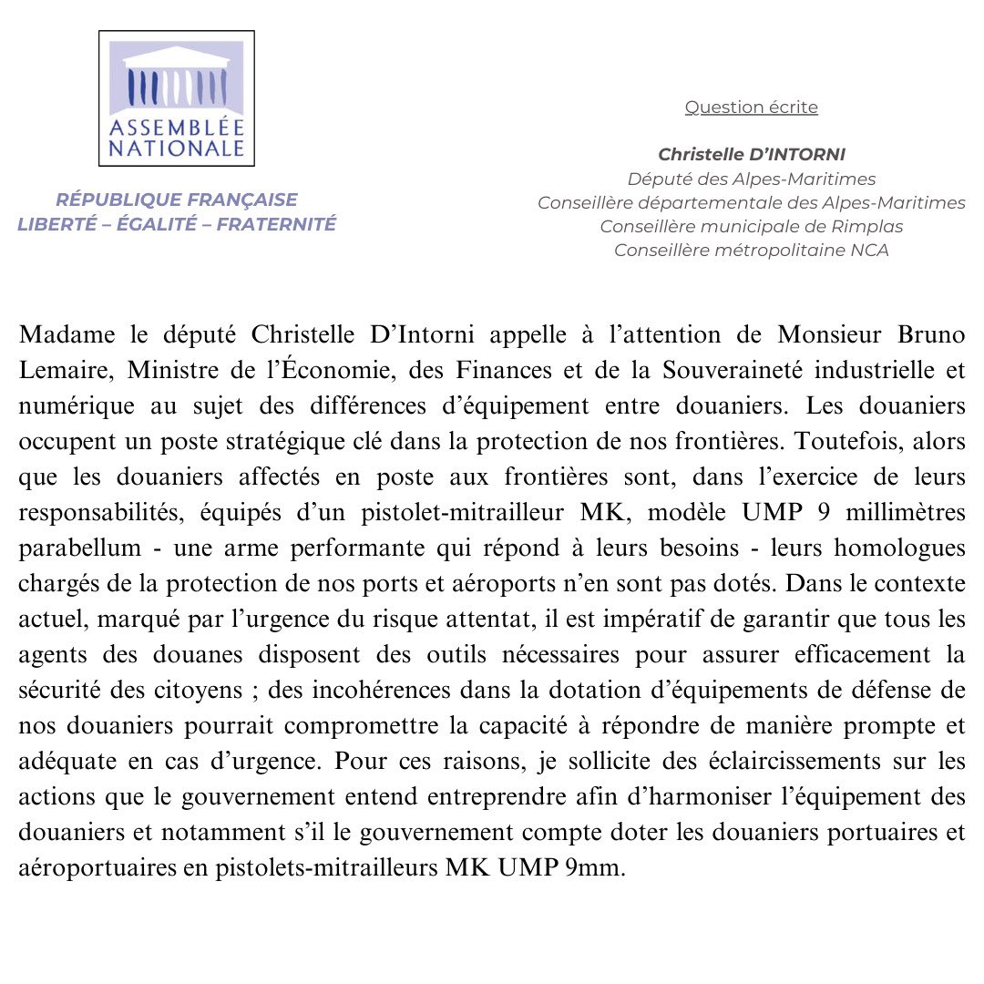 Nos douaniers affectés dans les ports et aéroports ne disposent pas du même armement que ceux en postes à nos frontières. J’ai demandé à @BrunoLeMaire de doter correctement tous nos douaniers en harmonisant l’armement mis à leur disposition afin que la sécurité de nos…