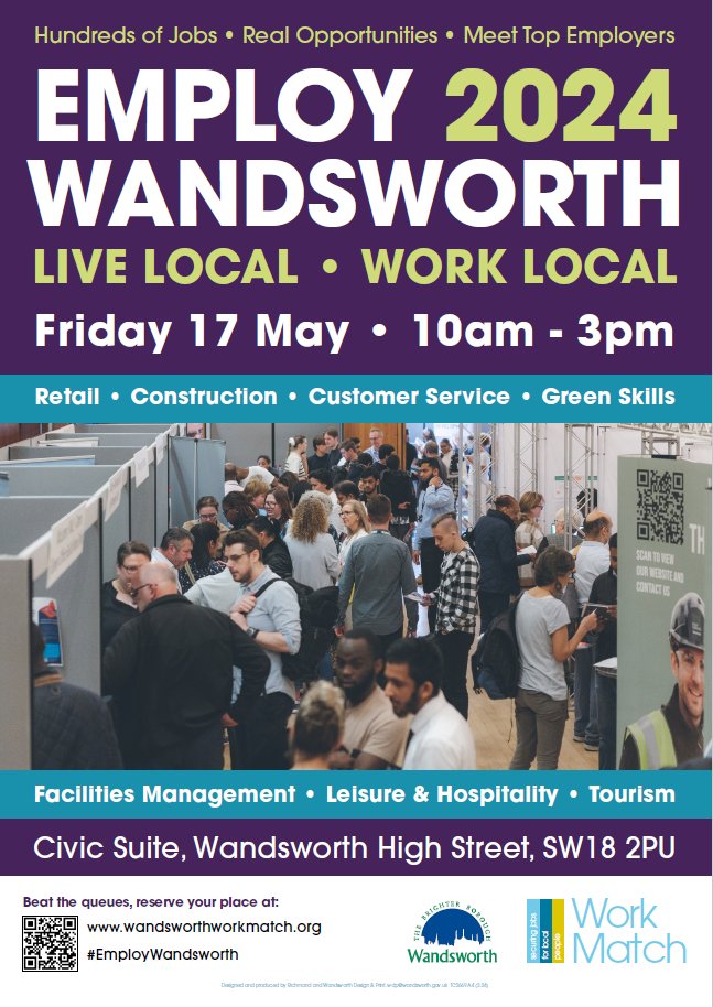 It's just 3 weeks to our annual #JobFair, #EmployWandsworth @ Wandsworth Civic suite on 17th May Entry is free to #wandsworth residents Meet⬇️ Employers & discover #LocalJobs Local Training providers Learn about Green Skills & Domestic Retrofit Book here👇 tinyurl.com/26wubfj7