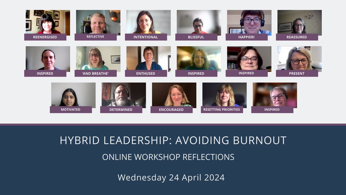 A huge #thankyou to everyone who joined us for our Hybrid Leadership: Avoiding Burnout online workshop yesterday. We asked the participants to provide a short one word #reflection summarising how they were feeling at the end of the session, and it's great to see their feedback.