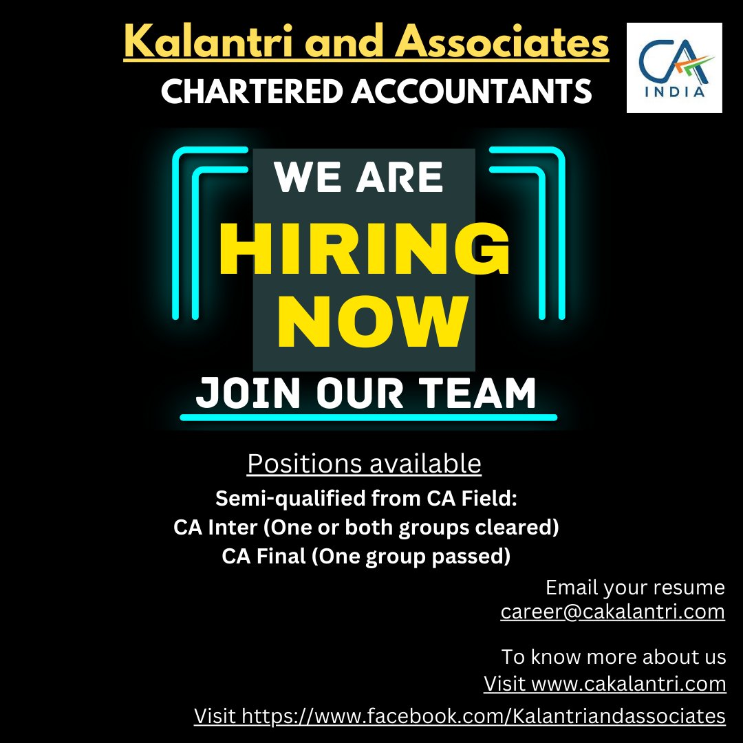 Vacancy for semi-qualified from CA Field:

CA Inter (One or both groups cleared)
CA Final (One group passed)

at our Office in Nashik.

For more details, read our job post at Linkedin:
linkedin.com/jobs/view/3908…

#JobVacancy #Nashik