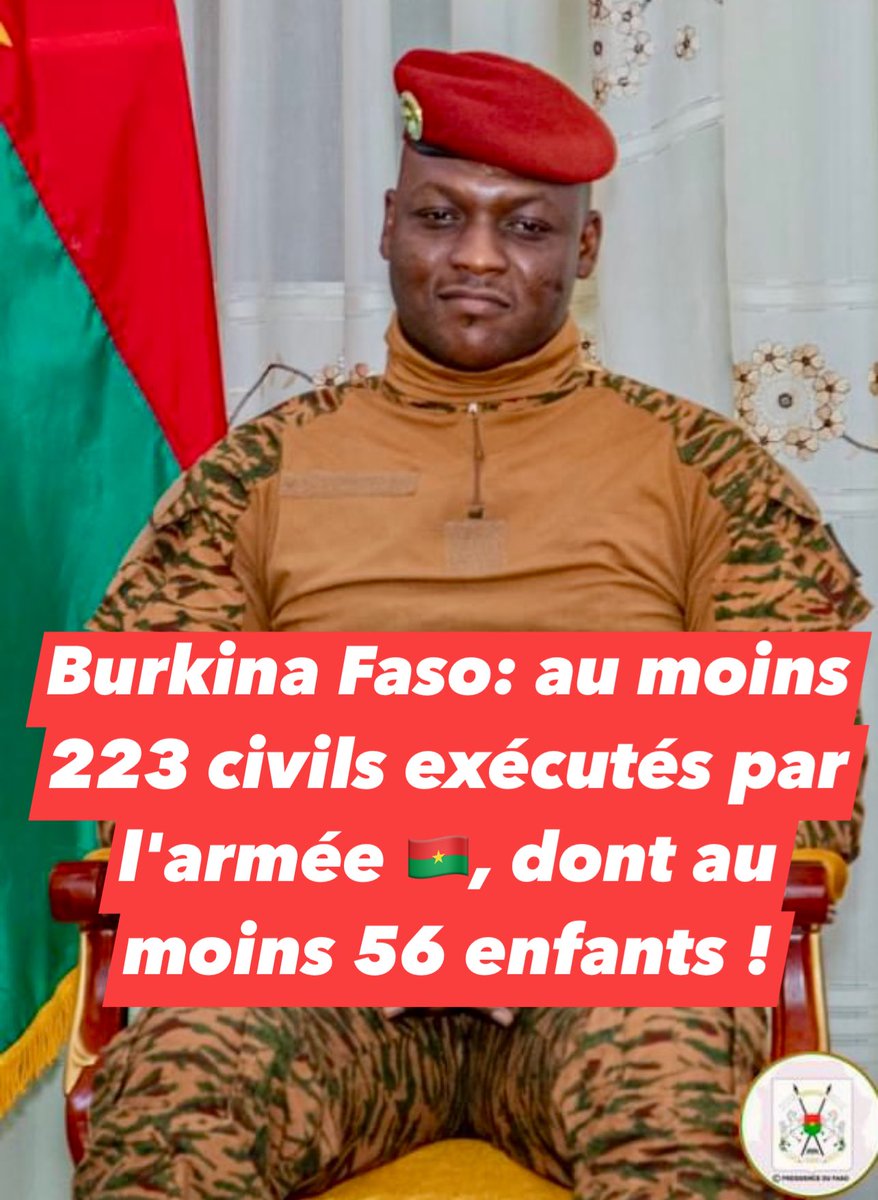 lsiafrica's tweet photo. 🚨🇧🇫Burkina Faso : l’armée burkinabè a exécuté sommairement au moins 223 civils, dont au moins 56 enfants, dans deux villages le 25 février 2024. Des soldats ont tué 44 personnes, dont 20 enfants, dans le village de Nondin, ainsi que 179 autres personnes, dont 36 enfants, dans le village voisin de Soro ; ces deux villages sont situés dans le district de Thiou, dans la province du Yatenga, dans le nord du pays. (Human Rights Watch).