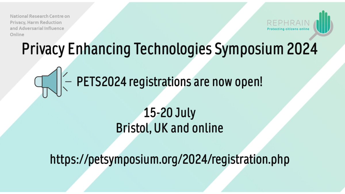 REPHRAIN National Research Centre (@rephrain1) on Twitter photo Registration for Privacy Enhancing Technologies Symposium 2024 (PETS2024) is now open!
Further details can be found here: petsymposium.org/2024/registrat…
#REPHRAIN Registration for Privacy Enhancing Technologies Symposium 2024 (PETS2024) is now open!
Further details can be found here: petsymposium.org/2024/registrat…
#REPHRAIN
