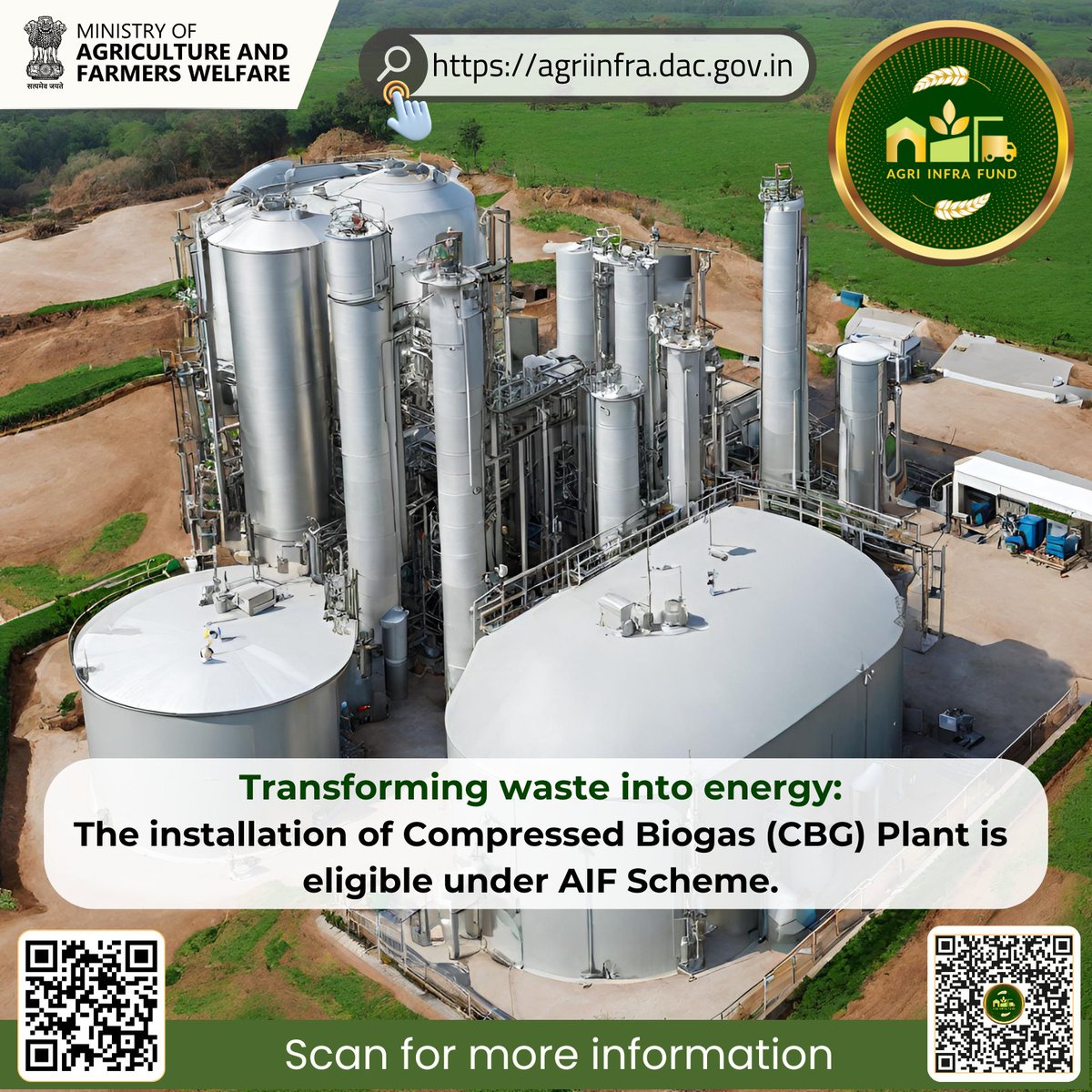 Unlock a sustainable tomorrow! Installation of compressed biogas (CBG) plant is eligible under @agriinfrafund scheme. Learn more at agriinfra.dac.gov.in. #agriinfrafund #agrigoi #greenFuture #renewableEnergy #biogas #sustainability #cbgplant #compressedbiogasplant