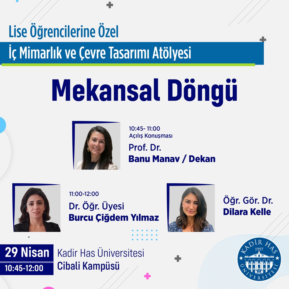 Lise öğrencilerine yönelik kampüs etkinliklerimiz KHAS İç Mimarlık ve Çevre Tasarımı Atölyesi: Mekansal Döngü ile devam ediyor. Sanat ve Tasarım Fakültemizin akademisyenleri, lise öğrencileri ile 29 Nisan Pazartesi 10:45-12:00 arasında Cibali Kampüsümüzde bir araya gelecek. KHAS…